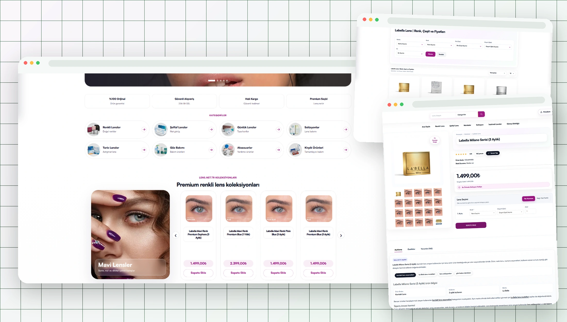 Lens.net.tr homepage, category and product page mockup